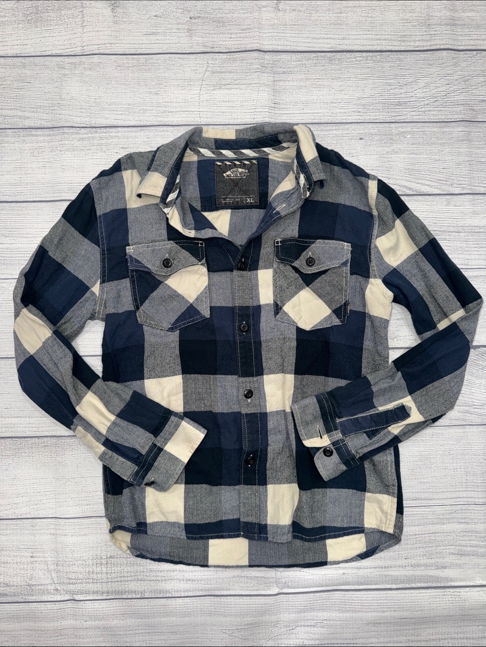 Vans Navy, Cream & Gray Kid’s Plaid Button-Up Shirt